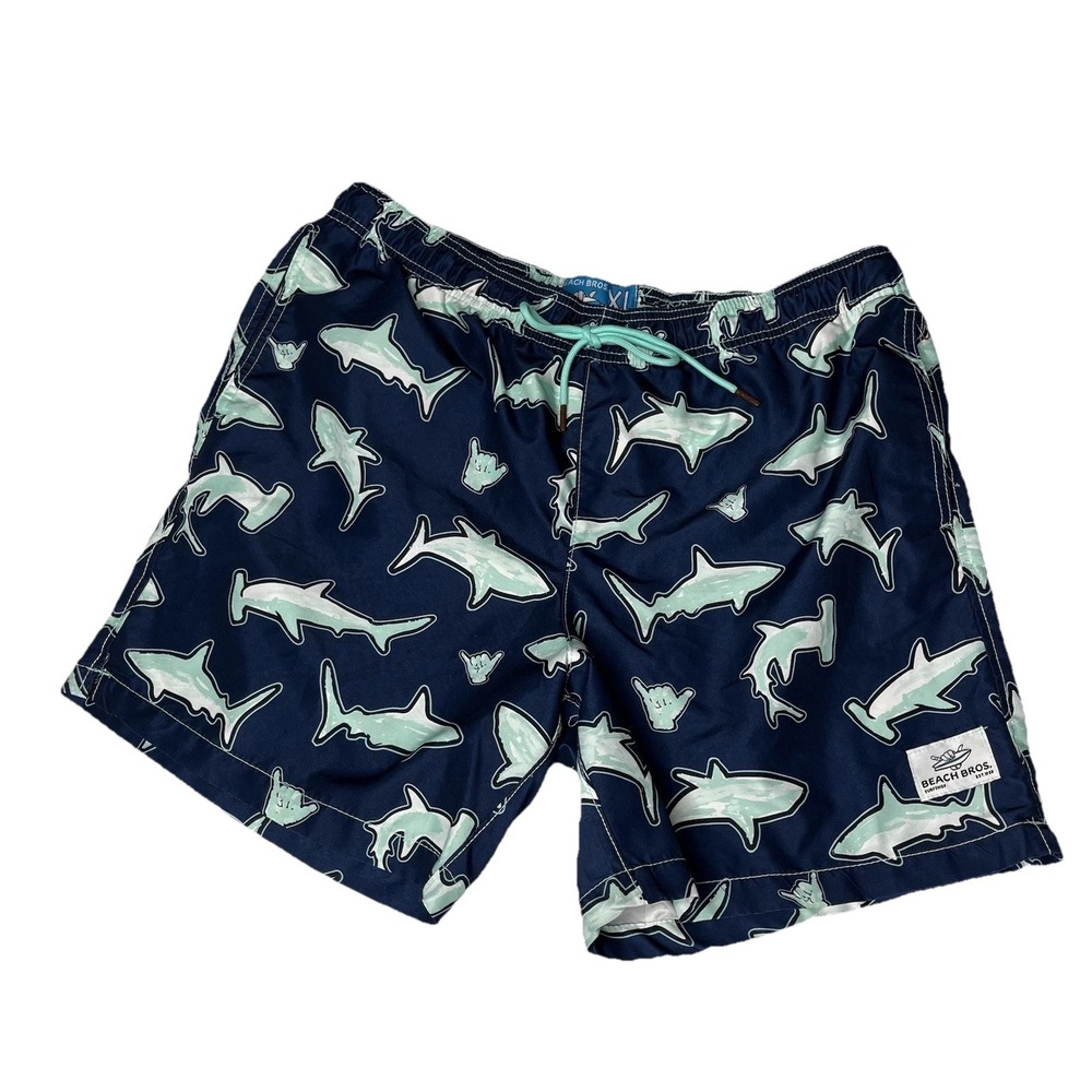 Beach Bros Blue Swim Trunk retro Mens XL Lined Green Shark‎ Print Beach Resort